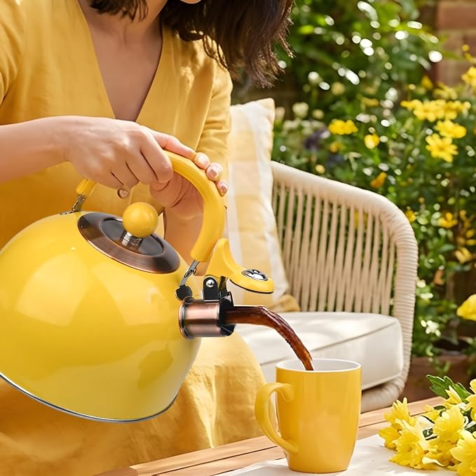 2.6 Quart Yellow Whistling Tea Kettle, tea pot, Stainless Steel, Cool-Touch Handle, Loud Whistle, 7.48-inch Base, Induction Compatible