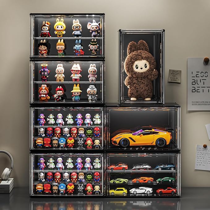 Acrylic Display Case for Collectibles with LED Light, 3 Layer Adjustable Figure Display Case with Magnetic Door, Lighted Display Box Stackable Clear Blind Box for Action Figure, Popmart, 1 Pack, Black