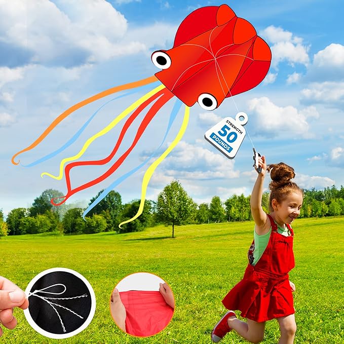 4 Pack Kites - Large Fire Dragon Kite Green Snake Devil Fish Red Mollusc Octopus with Long Colorful Tail for Kids Adults Beach Toy Gifts Outdoor Game Activities