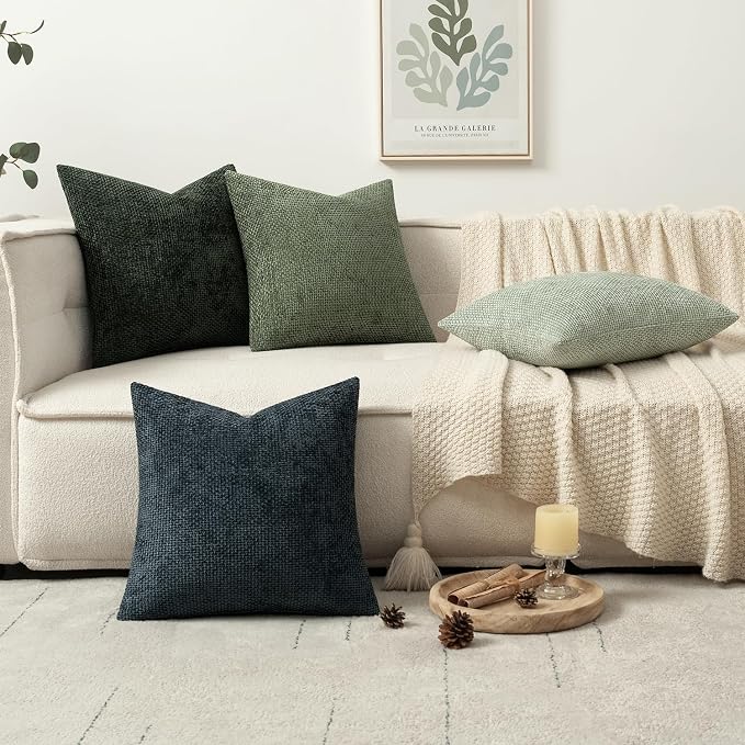 MIULEE Soft Decorative Chenille Pillow Covers Green 18x18 Pack of 4 | Nordic Home Decor, Nature-Inspired Green Set, Couch Throw Pillows, Farmhouse Boho Cushion Covers for Sofa Bed Living Room