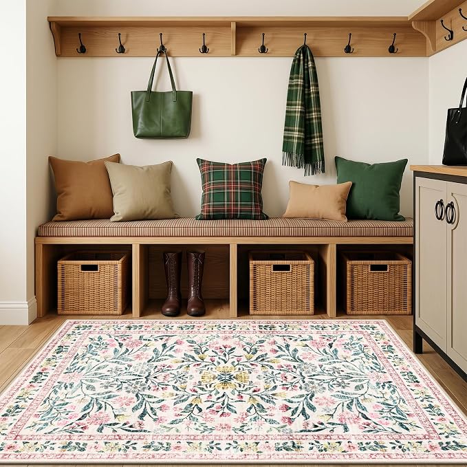 Area Rug Living Room Rugs: Floral 3x5 Washable Rug Vintage Soft Boho Non-Slip Carpet Indoor Floor Stain Resistant Large Carpets for Bedroom Dining Room Farmhouse Nursery Hallway Pink/Green
