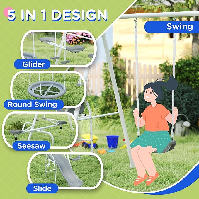 Outsunny Swing Set for Backyard, 5 in 1 Outdoor Playset for Kids with Heavy-Duty A-Frame Stand, 29.5" Saucer Swing, Slide, Teeter-Totter, Glider, 693 Lbs Load, Gray