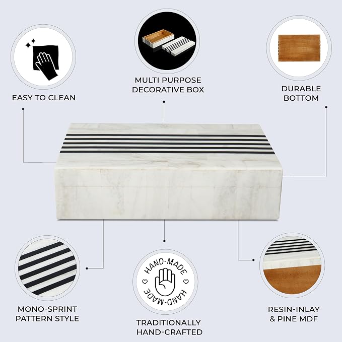 Handicrafts Home Large Decorative Storage Box with Lid – Black White Modern Storage Box, Remote Control Organizer for Coffee Table, Console & Living Room Decor – Mono Sprint 12 x 6 x 2