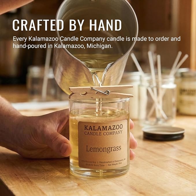Kalamazoo Candle Company Hand-Poured Soy Wax Candle – 10oz Classic Jar, 60-80 Hour Burn Time – Made in USA, Highly Scented, Phthalate-Free (Lemongrass)