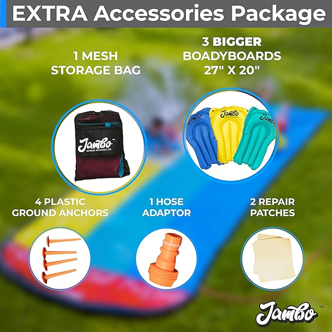 JAMBO XL 20Ft Premium 3 Lane Slip Splash and Slide with 3 Bodyboards, Heavy Duty Water Slide- Advanced 3-Way Water Sprinkler System, Backyard Waterslide Outdoor Water Toys n Slides for Kids