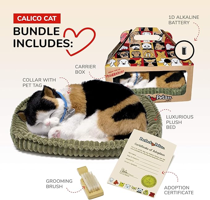 Original Petzzz Calico Cat, Realistic Lifelike Stuffed Interactive Pet Toy, Companion Dog with 100% Handcrafted Synthetic Fur