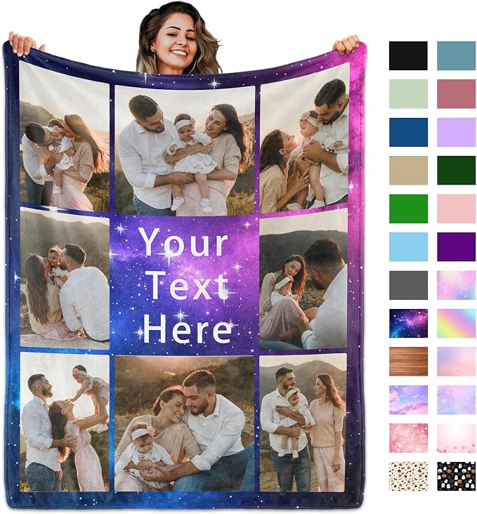 Custom Blanket with Picture Text, Personalized 8 Photo Blanket, HD Printing Customized Flannel Throw Blanket Gifts for Mom Dad Couple Girlfriend Boyfriend Wife Husband Christmas