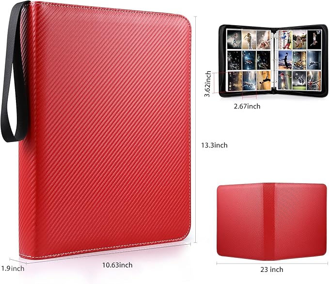 WOT I Trading Card Binder, 900 Pockets Baseball Card Binder Sleeves with Zipper, Double Sided Pockets Card Holder Carry Card Case for Baseball Card, Football Card(Red) WO-CB-9-7