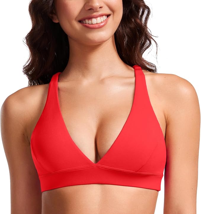 CRZ YOGA Butterluxe Deep V-Neck Sports Bras for Women - Spaghetti Strap Criss Cross Padded Top Low Coverage Wireless Yoga
