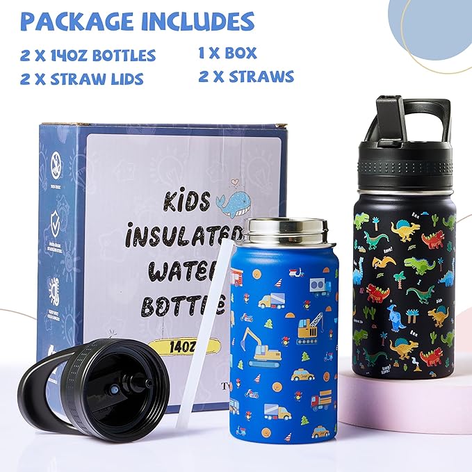 2 Pack Kids Water Bottle,14oz Stainless Steel Insulated Water Tumbler Leak-Proof,School Water Mug,Small and Portable,Suitable for Boys and Girls to Use(Black dinosaur + Blue car)