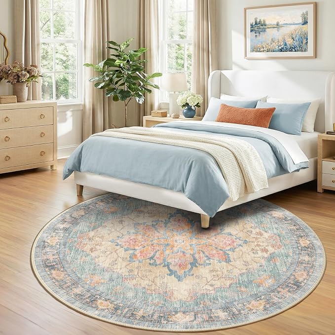 RELEANY Area Rugs Round 8ft Washable Non-Slip, Floral Vintage Distress Medallion Carpet for Living Room Bedroom Dining Room, Blue Orange Red