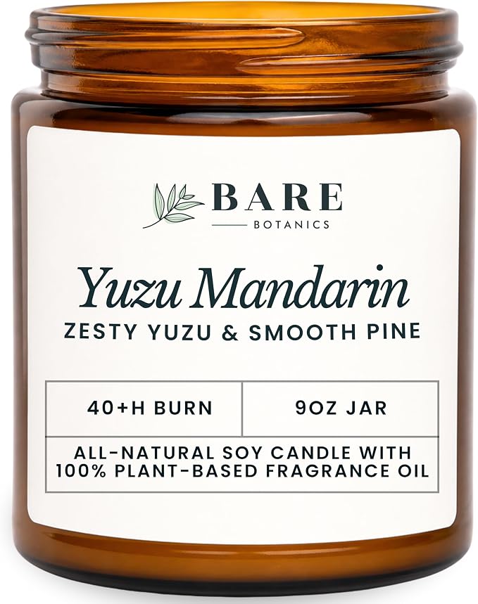 Bare Botanics Non-Toxic Yuzu Mandarin 9oz Soy Candle - 100% Plant-Based Fragrance Oils - Handpoured in WI - 40+ Hrs