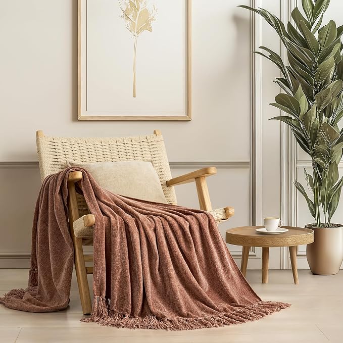 Chenille Knit Throw Blanket for Couch, 50"x60", Clay | Cozy Plush Fuzzy Knittd Throw with Tassels, Lightweight, Decorative, Farmhouse Decor, Ideal for Bed Sofa Gift, All Seasons