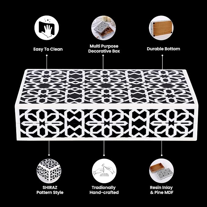 Handicrafts Home Decorative Storage Box with Lid, Black White Moorish Rosette Pattern Remote Holder Box, Persian Geometric Coffee Table Storage Organizer for Living Room Decor, Shiraz 10 x 6 x 2.5