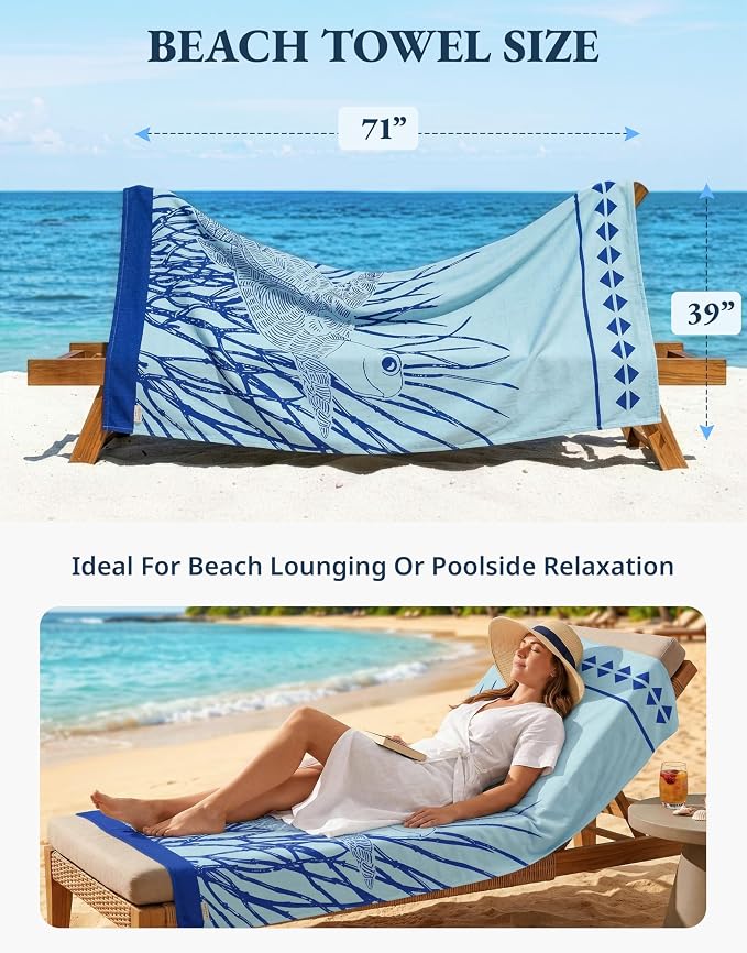 LANE LINEN Beach Towels for Women, 2 Pack Oversized, Pre-Washed, No-Shrink, Sand-Free, Quick Dry, Lightweight Travel Beach Towels for Pool & Shore, Soft and Absorbent – 39"x71", Sky Blue