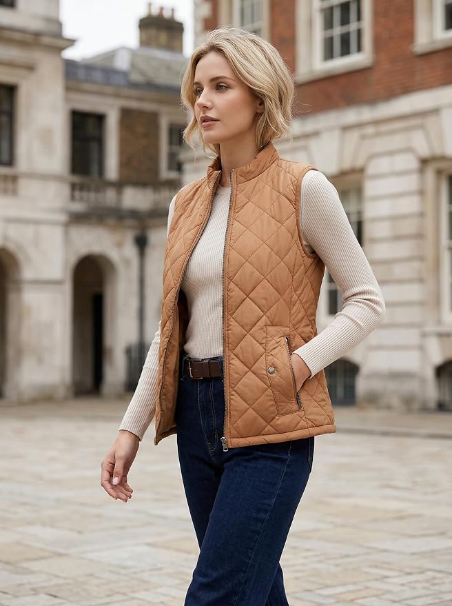 Fuinloth Women's Quilted Vest Lightweight Puffer Stand Collar Zip Gilet | 4 pockets with 2 inner storage. Quilted padded warm gilet. Fall winter outerwear layering vest for travel hiking daily wear.