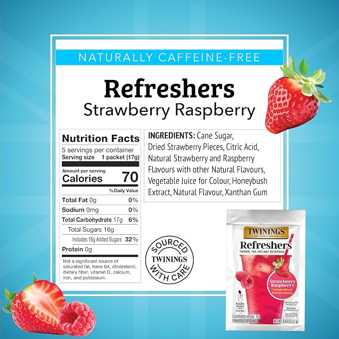 Twinings Strawberry Raspberry Refreshers, Herbal Tea Instant Beverage with Real Strawberry Fruit Bits, 5 Count (Pack of 1), Café Style, No Artificial Sweeteners, Naturally Caffeine-Free, 5 Packets