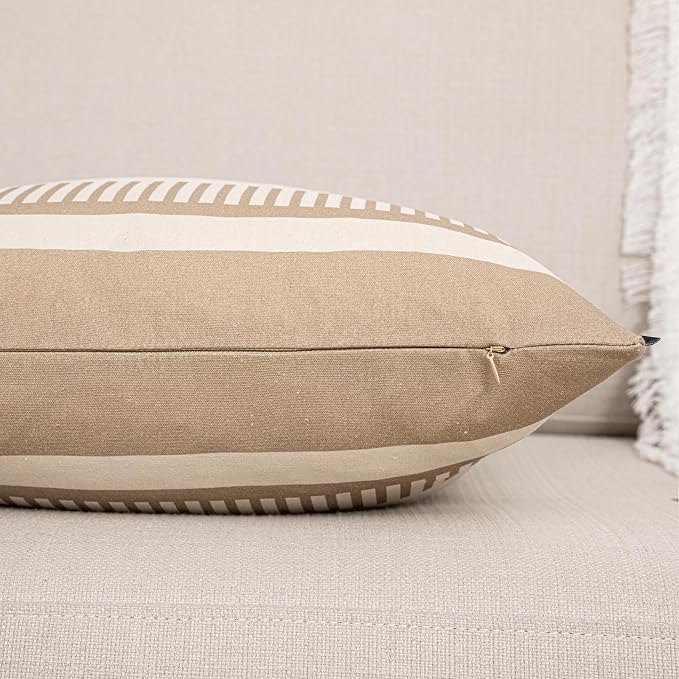 2 Pack 20x20 Inch Pillow Covers - Brown Faux Leather & Tan Stripe Print Soft Canvas Splicing, Same Pattern Both Sides | for Sofa Couch Bed Living Room, Farmhouse Industrial Minimalist Decor