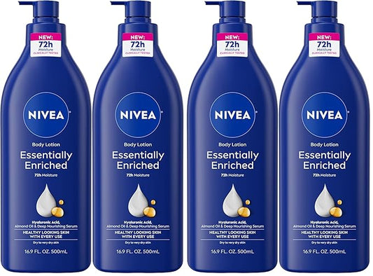 NIVEA Essentially Enriched Body Lotion for Very Dry Skin with Hyaluronic Acid,Almond Oil and Deep Nourishing Serum,72-Hour Body Moisturizer,16.9 Fl Oz Pump Bottle,(Pack of 4)