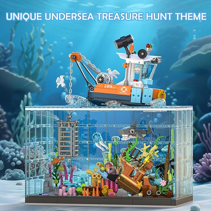 Fish Tank Building Blocks Set - 830PCS Ocean Treasure Hunt Building Set with Adventure Boat, Shark, Jellyfish & Coral Reef, STEM Toys Halloween for Teens Adults
