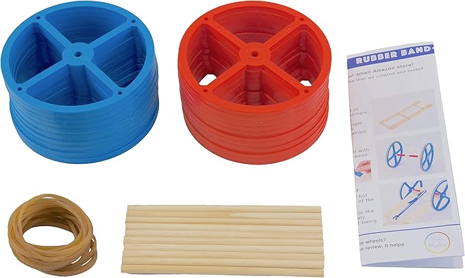 Large Plastic Toy Project Wheels and Axles, for Mousetrap Car and Rubber Band Car Projects, 20 Wheels, 20 Rubber Bands, 10 Dowels