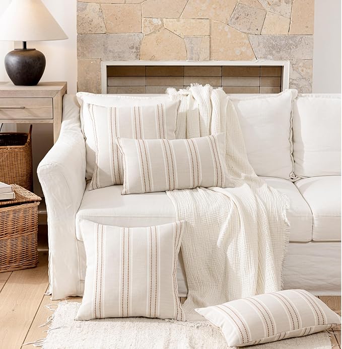Hckot Terracotta Throw Pillow Covers 20x20 Set of 2 Striped Pillow Covers | Farmhouse Decorative Pillows Textured Linen Square Cushion Covers for Sofa Couch Bed Living Room Decor(Camel)