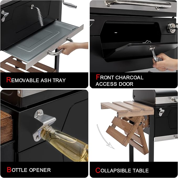 Royal Gourmet CD1824M 24-Inch Charcoal Grill, BBQ Smoker with Handle and Folding Table, Perfect for Outdoor Patio, Garden and Backyard Grilling, Black, Medium | BBQ Smoker Perfect for Outdoor Patio, Garden and Backyard Grilling, Black, Medium