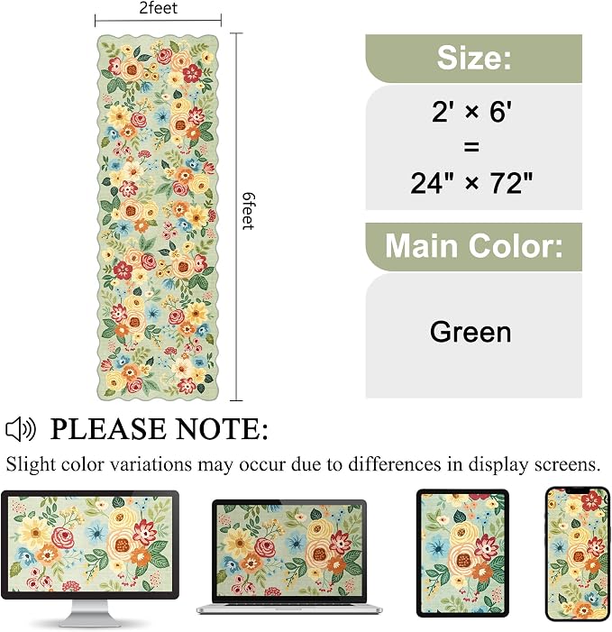 DUKINO 2x6 Runner Rug, Floral Washable Rug for Kitchen Non Slip, Green | Soft, Low Pile, Non-Shedding Long Runner Rugs for Kitchen, Entryway, Bedroom, Bathroom, Pet Friendly, Home Decor, Ultra-Thin