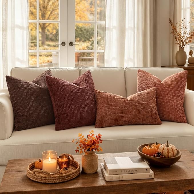 MIULEE Chenille Textured Fall Lumbar Pillow Covers Burnt Orange 12x20 | Set of 2, Slubby Decorative Throw Pillows, Boho Farmhouse Decor, Modern Cushion Covers for Couch Sofa Bed Living Room