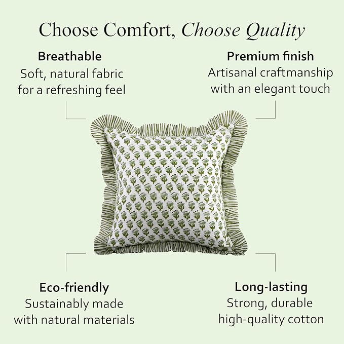 CPC Block Print Ruffle Throw Cover Emerald Green 24"x24" Inch Pack of 2-100% Cotton Ruffle Couch Decorative Boho Pillows Case for Living Room, Bedroom, Sofa, Farmhouse Gift for Spring, Mother's Day