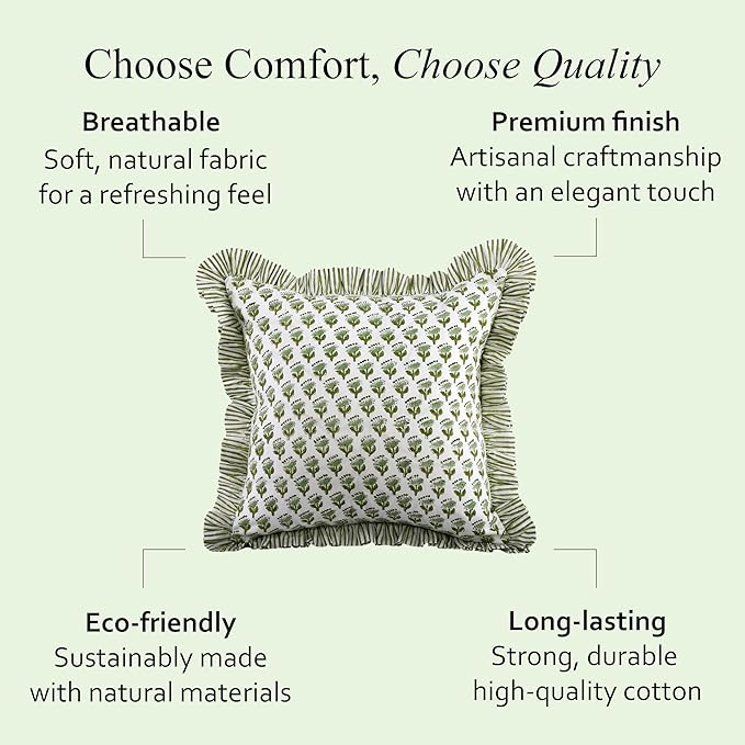 CPC Block Print Ruffle Throw Cover Emerald Green 18"x18" Inch Pack of 2-100% Cotton Ruffle Couch Decorative Boho Pillows Case for Living Room, Bedroom, Sofa, Farmhouse Gift for Spring, Mother's Day