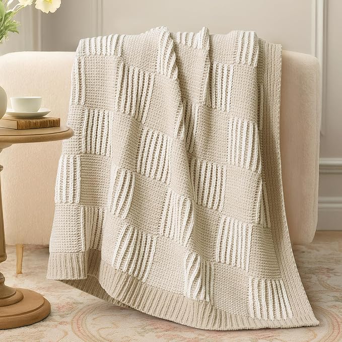Knit Throw Blanket, Soft Chenille Cozy Breathable Dual Tone Checkered Chunky Decorative Blanket for Couch, Bed & Sofa, French Lightweight Warm Gift for Women, Beige, 60"x80"