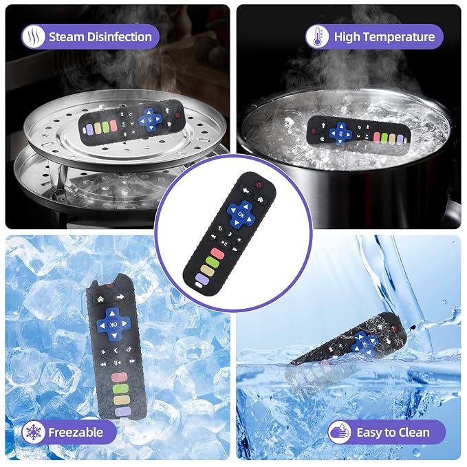 Chuya Baby Teether for Babies 3 6 12 18 24 Months TV Remote Control Shape Soft Gums Chew Toys Black+Blue