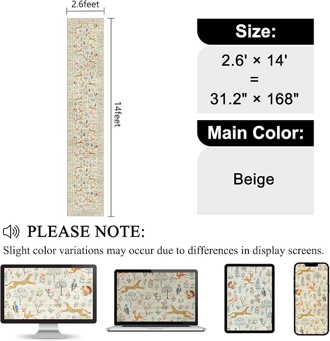 DUKINO 2.6x14 Runner Rug for Hallway, Washable Animal Rug Non Slip, Beige | Soft, Low Pile, Stain Resistant Indoor Long Runner Rug for Entryway, Kitchen, Bedroom, Bathroom, Pet Friendly, Non-Shedding