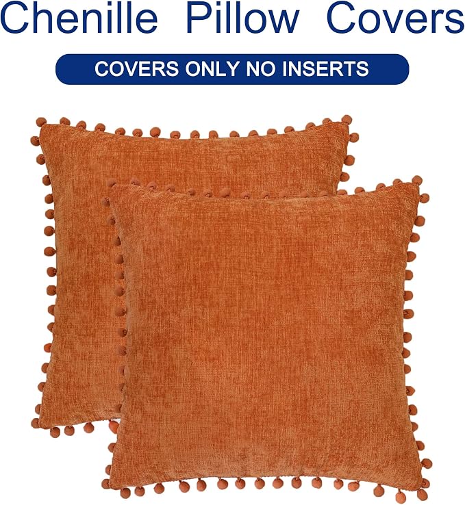 CaliTime Fall Decorative Throw Pillow Covers 20 X 20 Inches Burnt Orange | Pack of 2, Cozy Chenille Cushion Cases, with Pom Poms for Sofa Bed Living Room Farmhouse Home