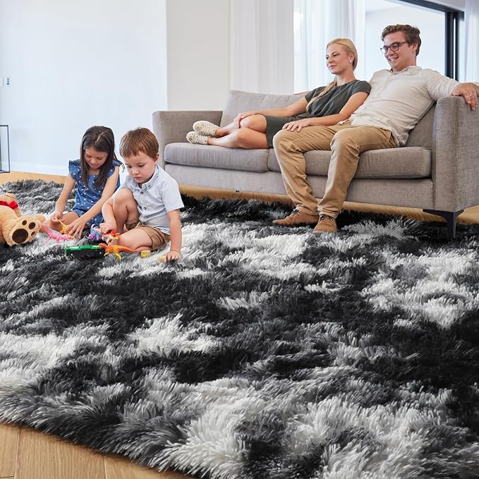 PAGISOFE 9x12 Area Rugs Living Room, Extra Large Black White Grey Rugs for Bedroom Fluffy Indoor Rugs for Kids Room Classroom Dorm Room Aesthetic Shaggy Carpet Plush Modern Cool Rug