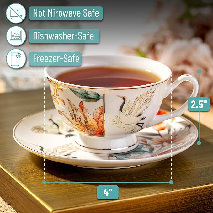 BTaT- Floral Tea Cups and Saucers Set of 4 (8 oz), Porcelain Tea Cup Sets with Gold Trim, Dishwasher & Freezer Safe