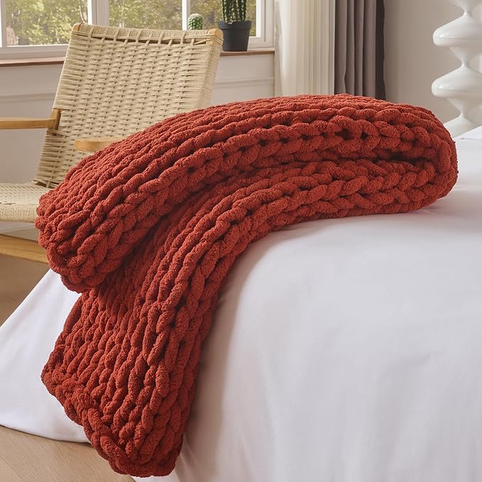 Bigacogo Chunky Knit Throw Blanket for Couch, 40x60 inches, Rust Red | Hand Knit with Jumbo Chenille, Soft Breathable Cable Knit for Sofa Bed Living Room, Machine Washable, Gift for Mom Friend