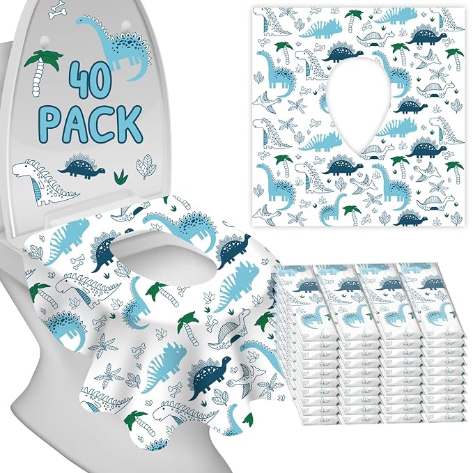 Disposable Toilet Seat Covers for Kids & Adults,Protect from Public Toilets While Potty Training or Travel - Extra Large, Waterproof, Portable -Blue Dinosaur (40pack）