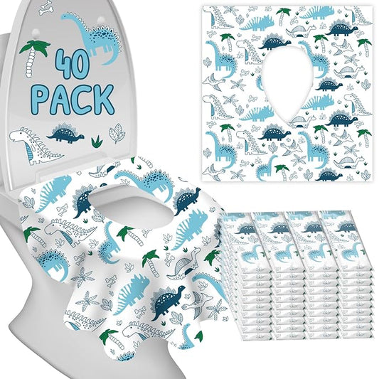Disposable Toilet Seat Covers for Kids & Adults,Protect from Public Toilets While Potty Training or Travel - Extra Large, Waterproof, Portable -Blue Dinosaur (40pack）