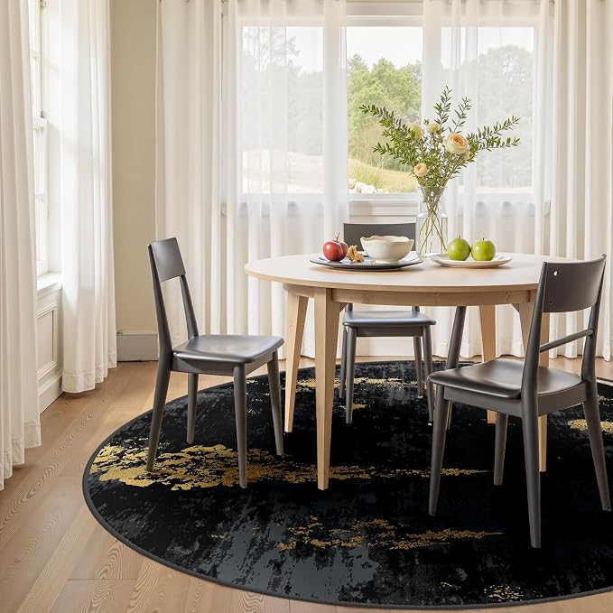 RELEANY Washable Round 6ft Area Rug for Living Room Black Gold | carpet for bedroom, kitchen, office, hallway and entryway, printed pattern, non-slip, soft, stain-resistant, easy to clean
