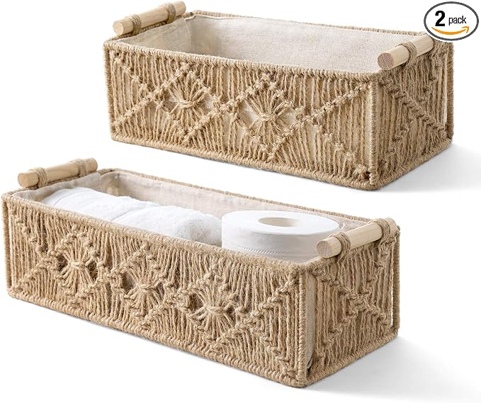 Mkono 2Pc Macrame Storage Basket, Boho Decor Toilet Paper Holder, Brown | Small Baskets for Organizing, Hand-Woven, Bohemian Beach Coastal Decor, Shelf Vanity Cabinet Bedroom Living Room Office Dorm