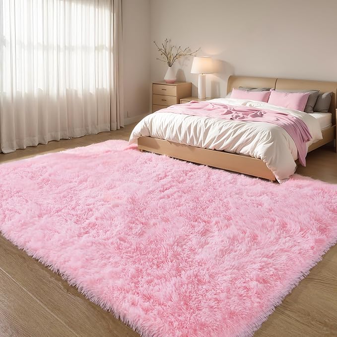 3x5 Pink Fluffy Shag Rug for Girls Bedroom, Plush Washable Carpet | Area Rug for Living Room, Kids Nursery, Dorm Room, Machine Washable Shaggy Floor Carpet