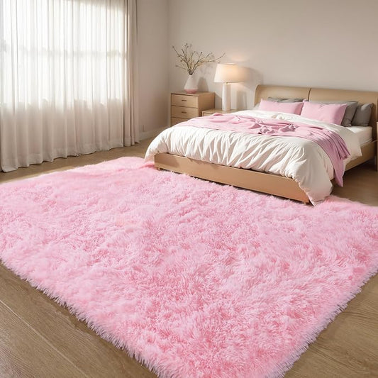 5x8 Pink Fluffy Shag Rug for Girls Bedroom, Plush Washable Carpet | Area Rug for Living Room, Kids Nursery, Dorm Room, Machine Washable Shaggy Floor Carpet