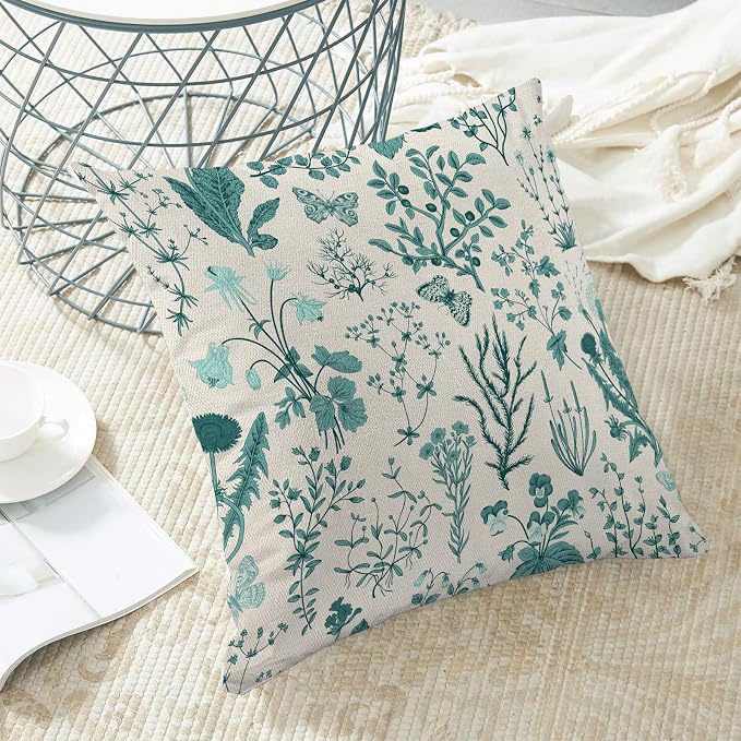 AEIOAE Summer Pillow Covers 16x16 Inch Set of 2,Teal Green Wild Flower Plant Throw Pillows Case,Seasonal Floral Outdoor Decorative Square Linen Farmhouse Decor Cushion Covers for Home Sofa Bed Couch
