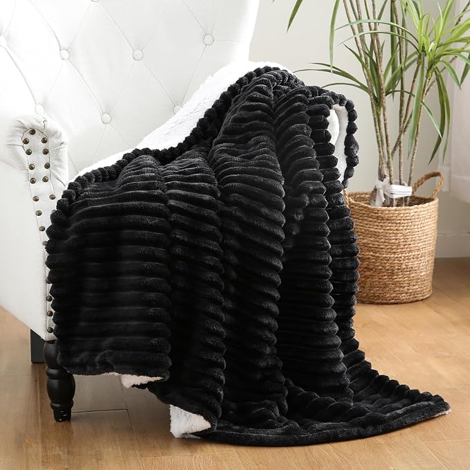 Black Sherpa Fleece Throw Blanket 108”×90”for Couch Sofa Bed | Double Side Soft Fuzzy Cozy Plush Thick Flannel Blanket with Striped Design Gift for Adults,Woman