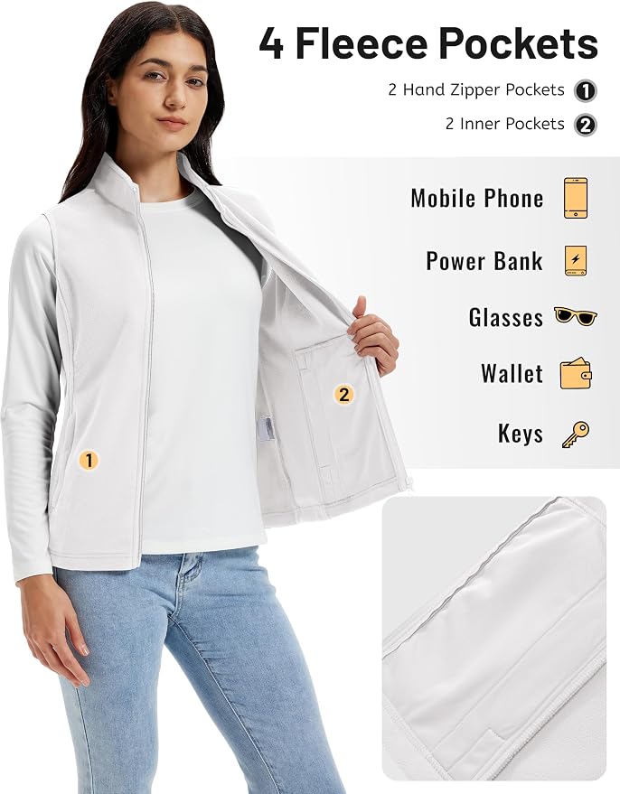 TACVASEN Women's Fleece Vest Lightweight Sleeveless Zip Jacket Outerwear | Soft Polar,Zipper Pockets,Stand Collar,Fall Winter Warm,Outdoor,Athletic,Running,Hiking,Travelling,Golf,Work