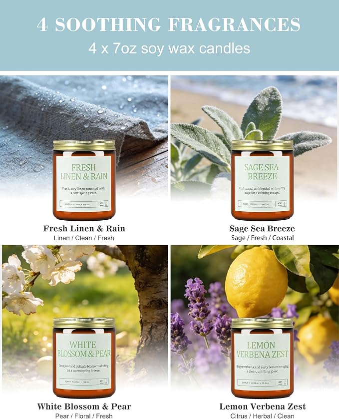 Scented Candles Gift Set, Long Lasting 4 Pack Aromatherapy Candles for Home | 200 Hour Burn, Fresh Linen & Rain, White Blossom & Pear, Lemon Verbena Zest, Sage Sea Breeze, Gifts for Women