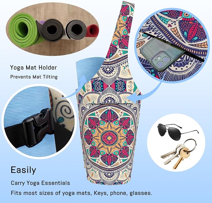 Mandala Yoga Mat Bag with Large Waterproof Zipper Pocket and Drawstring Pocket Long Tote Yoga Mat Carrier Holder Bags Fit Most Size Mats