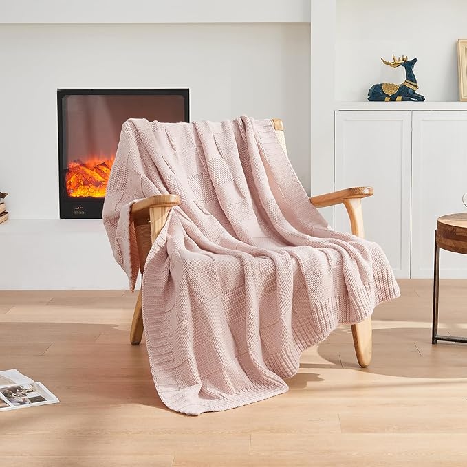 CozeCube Pink Knitted Checkered Throw Blanket 60"X80" | Check Knit Throw for Couch, Decorative Christmas Soft Cozy Warm Blanket for Bed Sofa Living Room